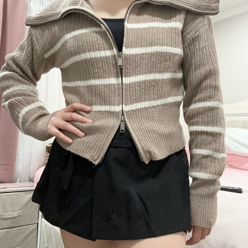 Pink Rose Striped Zip-Front Cardigan - Taupe & Cream